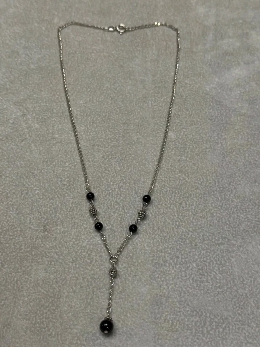Sterling Silver Black Onyx Beaded Y Drop Necklace 16"